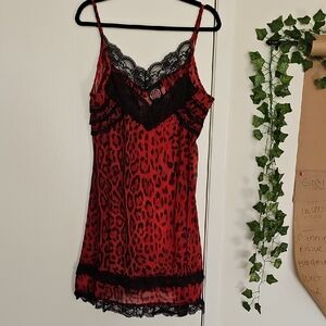 Too Fast Red Leopard Print Slip with Black Lace